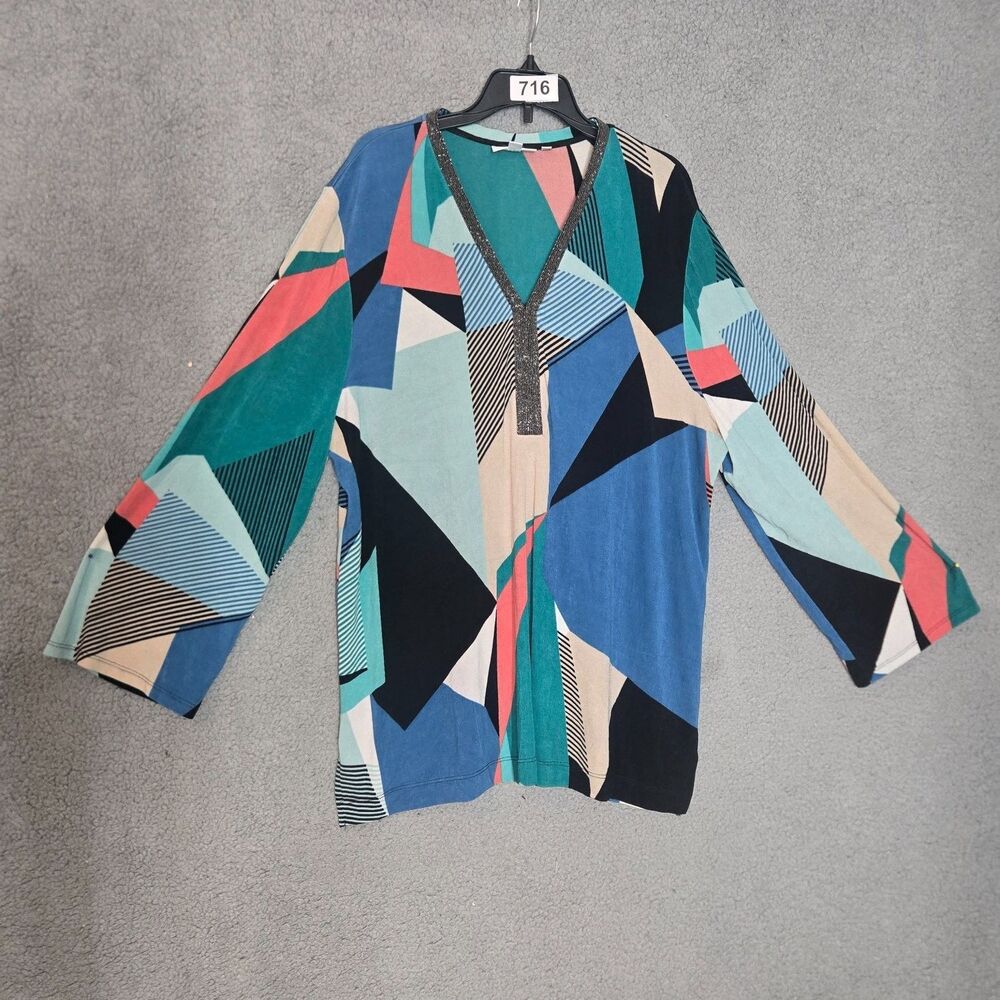 Chico's Womens Geometric Tunic Top XL Multicolor V-Neck Long Sleeve US: Acetate